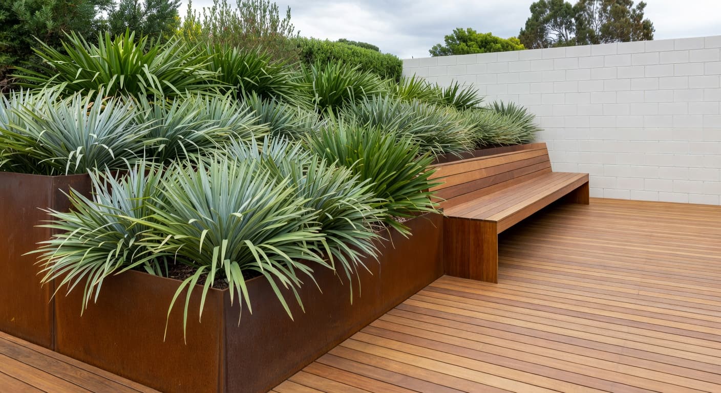 Built-in timber bench with corten steel planters — custom landscape joinery in Melbourne